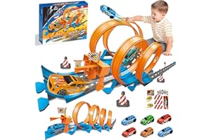 Ulikey Piste de Voiture Enfant, 76 Pièces Flexible Circuit Voitures avec 4 Loopings & 6 Voitures, Pistes de Course Voiture Jouet avec Lumières & Son, Démontage&Stockage, Cadeau Garcon Fille de 3+Ans