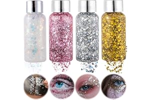 MIIOTO Prreal Body Glitter Gel 4 Bottle Face Glitters Body Gel Sequins Shimmer Liquid Eyeshadow, Mermaid Sequins Chunky Glitter Liquid Gel Kit para Festival Masquerade Cumpleaños Maquillaje