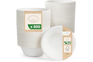 Love Nature Bol Jetable - Vaisselle Canne à Sucre 500 pièces - Écologique Bols Jetables 350ml - Biodégradable Résistant et Solide