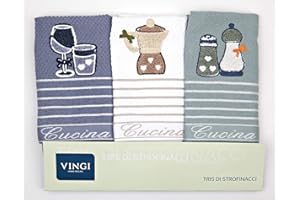 Vingi Set 3 Strofinacci da Cucina Art. Cucina, Spugna 100% Cotone, Misura 47 x 70 Colore Tiffany, Bianco, Blu