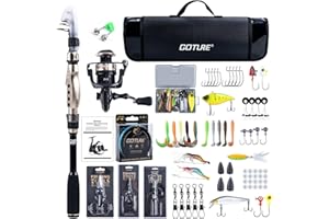 Goture Ensemble de pêche avec Canne à pêche télescopique (Carbone 24T), 1,8 m/2,1 m/2,4 m/2,7 m | Ensemble Complet de d'outils de pêche et d'appâts avec Moulinet de pêche 5,2:1, Ligne 150 m/14 kg