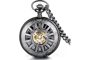 JewelryWe Retro Handaufzug Mechanische Taschenuhr Vintage Blumenmuster Römische Ziffern Uhr Taschenuhren mit Kette und Geschenkbox, Schwarz/Silber