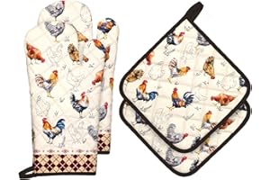 Arquiel Roosters Oven Mitts and Pot Holders -100% Cotton, Heat Resistant Extra Long Oven Gloves & Hot Pads for Cooking BBQ Grilling Baking Gift, Set of 4
