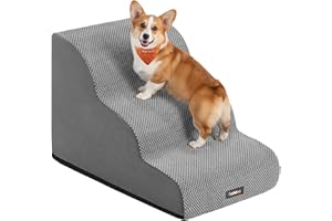 Feandrea Escalier pour Chien, à 3 Marches, Velours Gaufré, Marches pour Chien, Lit, Canapé, Imperméable, Design Antidérapant, Pente Douce, Housse Amovible Lavable, Poignée, Gris Tourterelle PPS013GD01