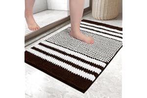 Biscpro Bath Mat Rug Extra Soft and Absorbent Fluffy Striped Chenille,Non Slip Shaggy Bathroom Floor Mat,Machine Washable (Coffee, 40 x 60 cm)