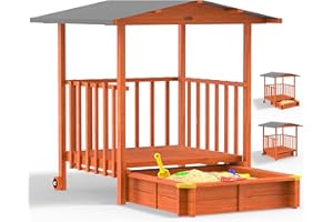 SPIELWERK® Bac à Sable en Bois Merle 143x130x130cm Aire de Jeux cabane Protection UV 50+ Jeu pour Enfants extérieur Jardin