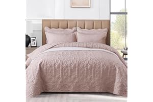 OKYUK 3-Piece Queen Quilt Set Quilted Bedspread Oversized Microfiber Lightweight Coverlet Set with Shams Reversible Printed Coverlet Bedding Set for All Season,220x240cm (Light Bean Sand, 220*240cm)