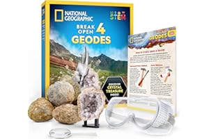 BLUE MARBLE National Geographic Break Open 4 Geodes Science Kit – Includes Goggles & Display Stand - STEM Science Gift for Boys & Girls, Break Your Own Geodes