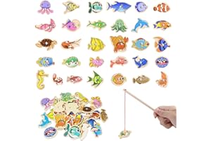 OFFCUP Jeu de Pêche Magnétique, 33pcs Jouet en Bois, Jeu de Peche Magnétique Enfants avec Canne à Pêche, Enfant en Educatif Jouet, Jeux Enfants pour Développement pour Filles Garçons
