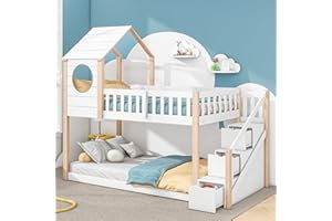Jtyca Bunk Beds for Kids, Cabin Beds Frame with Drawers and Stairs in One, Easy Storage and Space Saving, Wooden House Bunk Beds(90 X 190cm) for Boys Girls Teens (Without Mattress) (White & Natural)