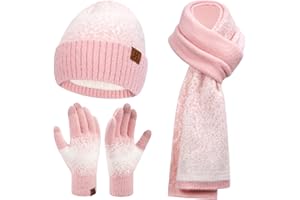 BEQUEMER LADEN Mujer Invierno Tricotar Gorro Sombreros y Guantes Tactiles Bufanda Larga Conjunto con Calido Forro Polar Gorras de Calavera Guantes Bufandas