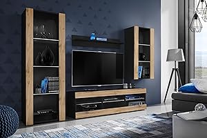 Komodee Wohnwand Wohnzimmerset Tivoli Medio, Wotan/Schwarz, Breite 245cm x Höhe 159cm x Tiefe 35cm, ohne LED, für Wohnzimmer, Schlafzimmer