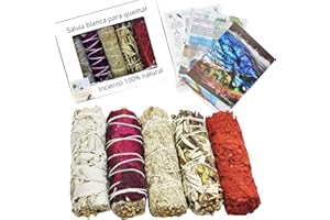 SamayZen - Pack de 5 Sahumerios Naturales Sagrados - Purificación y Limpieza Energética para el Hogar, Ideal para Rituales Espirituales y Meditación - Salvia Blanca, Azul, Yerba Santa, Dragon y Rosas