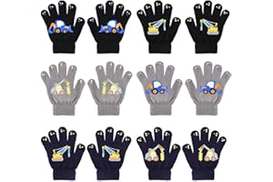 QKURT 6 Paio Guanti Invernali in Maglia per Bambini,Guanti a Dita Intere Guanti Caldi per Bambine,Guanti da Esterno Magici per Ragazzi e Ragazze con Dinosauro/Escavatore