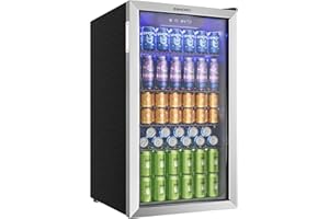 EUHOMY Frigorifero per bevande, mini frigo per 126 lattine con porta in vetro, piccolo frigorifero con ripiani regolabili per limonata, birra o vino, perfetto per casa/bar, ufficio, argento, acciaio