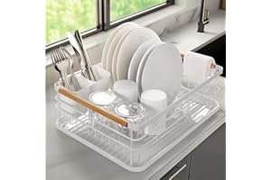 Navaris Dish Drainer Rack - Plate, Cutlery, Pots and Pans Drying Rack for Kitchen with Beechwood Handles - Modern Retro Design Drip Tray - White