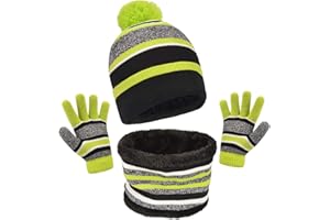 Maylisacc Ensemble de Bonnet Echarpe Gants Hiver pour Enfants de 3 à 6 Ans avec Doublure Polaire Double Épaisseur, Bonnets Tricotés avec Pompon et Snood Gant pour Garçons Filles