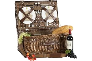 Les Jardins de la Comtesse - Panier Pique Nique Palais Royal 4 Personnes - Tissu Marron - Glacière Isotherme Amovible - Assiettes/Tasses à Café/Verres/Couverts/Tirebouchon - 56 x 37 x 26 cm