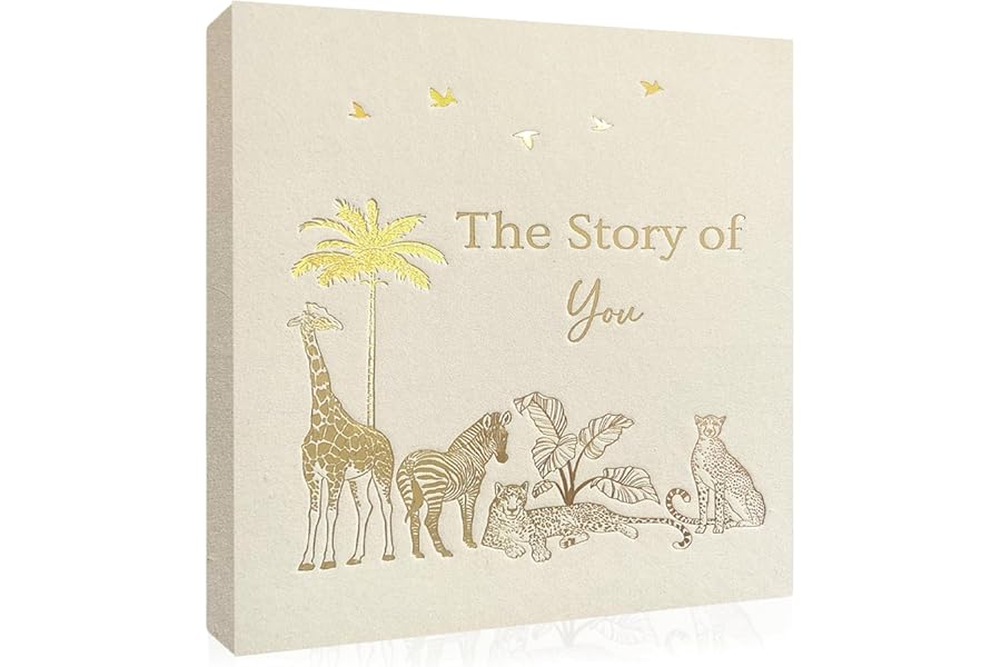 Eviepops Prints Baby Memory Book, Luxury Keepsake Gift for Mum to be, Milestone Record & Photo Album Birth to Age 5, Gender Neutral for Boy or Girl, Linen Fabric Safari Journal Scrapbook, Baby Shower