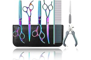 Casgee 7,0 Zoll Hundeschere Set, 10-In-1 Fellschere Hunde, Hundepflege Schere Hunde Schere, Hundescheren Set Profi mit Geraden Schere, Ausdünnungsschere, Gebogenen Schere, Chunker, Krallenschere