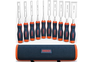 Presch Ciseaux à bois 10pcs. avec sacoche (6, 10, 12, 16, 18, 20, 24, 26, 32 & 38 mm) - Parfaitement aiguisé pour utilisation immédiate - Avec un angle de 25° et un capuchon métallique robuste