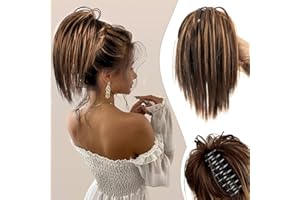 COLORFUL PANDA Colorfulpanda koński ogon z klamrą, gładkie, krótkie, clip in, gumka do włosów, treska, kucyk, naturalne sztuczne włosy, nieuporządkowane włosy, kok, ciemny brąz z blond pasemkami dla kobiet