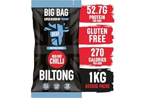 BEEFit Biltong Beef Jerky Big Bag - Healthy High Protein Snacks, Gluten Free and Keto Friendly Snack - Perfect for On-the-Go or Fitness Enthusiasts - 1kg (Red Hot Chilli, 4x250g)