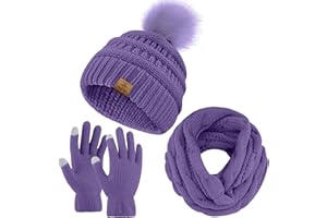 URATOT Winter Warm Knitted Sets Beanie Pompom Hat Scarves Winter Touchscreen Gloves Scarf Set for Men Women