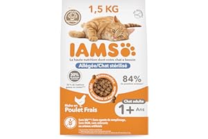 IAMS Advanced Nutrition - Croquettes Allégées - Adaptées aux Chats Stérilisés - Complètes équilibrées - Favorise le contrôle du poids - Au poulet frais - Sans OGM colorants arômes artificiels - 1,5 kg