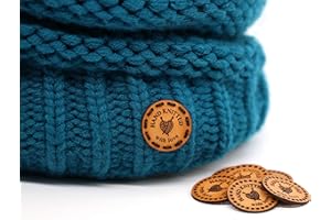 3DP, Etiqueta Handmade redonda cuero - Hand Knitted with love - RO01 - Etiquetas cuero redondas para coser hechas a mano (15 piezas - Prime Texto Estándar)