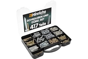 Hinrichs 417-tlg Schrauben Dübel Set + Aufbewahrungskoffer - 204 Dübel in 4 Größen 5-10mm - 213 Sechskant- und Kreuzschlitz-Schrauben in 9 Größen 5-10mm - Dübelset für universalen Einsatz