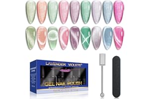 Lavender Violets 12 Pcs Gel Vernis à Ongles Semi Permanent 9D Cat Eye Yeux de chat Aimants Nail Art UV LED Soak Off avec Base Coat, Matt et No Wipe Top Coat Dossier à ongles Manucure Kit C967A
