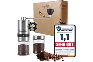 Morgenheld Kaffeemühle manuell aus Edelstahl 2 Glas Behälter – 6 Mahlgrade (Espresso bis Cold Brew) – Handkaffeemühle für Reisen - Kaffee Handmühle für zu Hause – Kaffeemühle Hand mit Geschenkbox