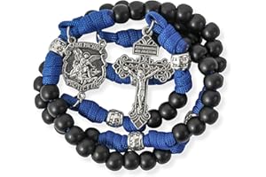 Nazareth Store Black Beads Blue Paracord Rosary Rugged Beaded Necklace Strong Cord St.Michael Medal Pardon Cross