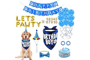 Dog Birthday Party Supplies, LMSHOWOWO Dog Birthday Bandana Boy, with Dog Birthday Hat, Bowtie, Dog Birthday Cake Toy, LETS PAWTY Balloon, Birthday Banner, Sticky Number for Dog Party Decorations Blue