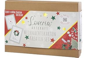 Loveria Weihnachtskarten Bastelset | 16 vorgezeichnete Postkarten, 16 rote Umschläge, inkl Satinschleife, Sticker, Pompon, Washi Tape und weiterem Bastelzubehör, Rudolph