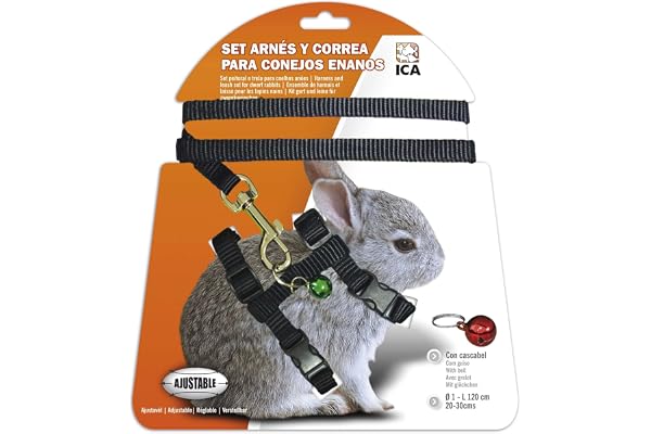 ICA DA1023 Ensemble Harnais et Laisse pour Lapin Nain, Noir, avec Clochette, 20-30 cm réglable