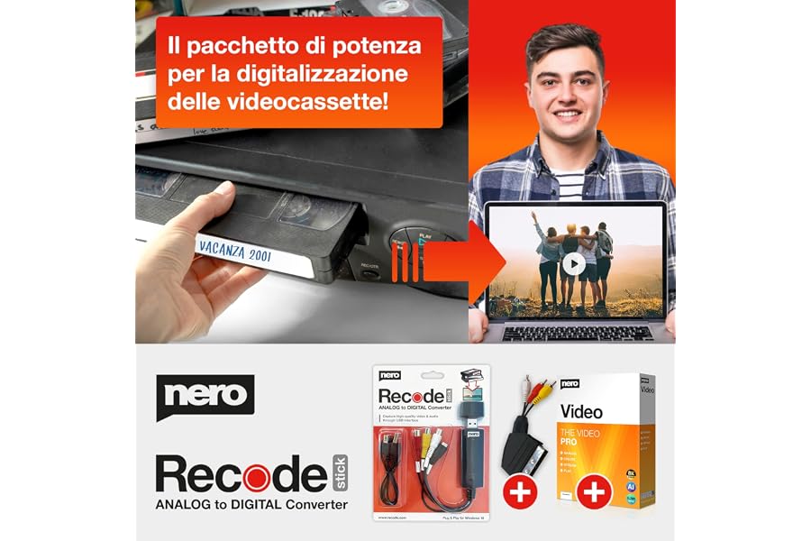 Nero VHS to USB Video Grabber Recode Stick incl. software di editing video | editing video | digitalizzazione di cassette vid