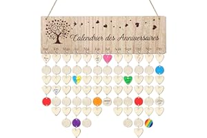 BOOMTOP Calendrier d'Anniversaire en Bois Plaque de Rappel Calendrier Francais et 100pcs Mini ranches de Bois Disque Rond Cœur Calendriers Personnalisé Suspendu Décoration DIY pour Maison Fête Anniversaire