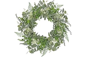 Oairse 20inch/45cm Eucalyptus Door Wreath Spring Summer Greenery Wreath Artificial Hanging Foliage Wreaths for Front Door Indoor Outside All Season Christmas Holiday Window Mantle Farmhouse Home Decor