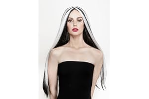 Carnavalife Peluca de Vampiresa Diablo de Halloween para Mujer, Pelo Largo y Liso de Cosplay, Pelucas Sintéticas de Fibra Resistente al Calor de Alta Temperatura (Negro/Blanco)