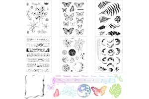 Towviy 6 Blätter Silikonstempel + 1 Acryl Stempelblock Acryl Stanzblöcke Transparente Blumen Schmetterling Pflanzen Stempel für Scrapbook Handwerk Machen Fotoalbum DIY