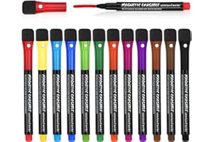 BASVII Rotuladores Pizarra Blanca Magnética - 12 Colores Rotulador Pizarra Blanca con Borrador, Rápido Secado y Fácil de Borrar - Whiteboard Marker para Calendarios de Pizarra Magnetica Nevera