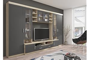 ‎KUECHEN-PREISBOMBE Kuechen-preisbombe Wohnwand Paris Anbauwand Wohnkombi Wohnzimmer MDF Grau+ Sonoma Eiche matt