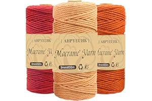 AHPYEUHK Fil De Macramé 3mm Corde Macramé 3 Rouleaux Cordons pour Macramé Naturel De,Ficelle en Coton pour Suspension Murale,Suspension Plantes,Noël Tricot Travaux Manuels (Rouge vin Autre Rouge Rouge Brique)