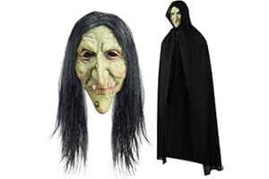 Suilung Halloween Cosplay Accessories Include Scary Full Head Latex Mask Old Witch w/ Wigs & Black Hooded Cape Black Cloak CapesWomen Men Unisex Adults Halloween Costume Fancy Dress (Suilung-283)