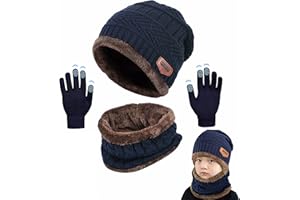 CheChury Enfants Bonnet Chapeau Tricot, Chauffant Bonnet Tricot Écharpe avec Gants de Doublure Polaire Épais Tour pour Garçons Filles, Sports