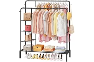 JOISCOPE Allargarsi Appendiabiti, 165x120cm Appendiabiti da Terra con 2 Appendiabito, 4 Ganci, 3 Ripiani Laterali e 1 Portascarpe Inferiori Stand Appendiabiti Multifunzionale con Ripiano, Nero