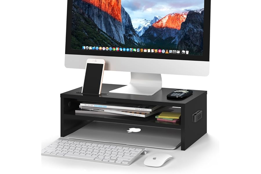 BONTEC Monitor Stand Riser, 2 Tier Wooden Desk Riser, 420mm Wide, 142mm Height, 30kg Load, Cable Management Slots, Phone Holder, Non Slip Pads, Monitor Riser Stand, Desktop Organiser, Black