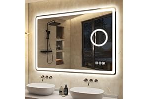 S'bagno Bluetooth Specchio Bagno con Luce Led 100x70cm, IP44 Specchio Bagno Led 5x Magnifier, Anti-Fog, 3000K-6500K, Dimmerabile, Memoria, Vetro Temperato HD, Specchiera Bagno Orizzontale/Verticale